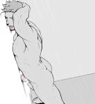  1boy ass bara completely_nude erection greyscale itto_(mentaiko) large_pectorals male_focus monochrome muscular muscular_male nude pectorals penis priapus priapus_a._tarou short_hair solo testicles thick_thighs thighs tongue tongue_out 