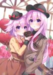  2girls alternate_costume artist_name binato_lulu candy chocolate dress food hair_between_eyes hair_ornament hat heart heart-shaped_chocolate highres holding holding_food long_hair looking_at_viewer multiple_girls nepgear neptune_(neptune_series) neptune_(series) open_mouth purple_eyes purple_hair shirt short_hair siblings sisters tree valentine 