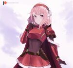  1girl absurdres armor braid cape closed_mouth cowboy_shot fire_emblem fire_emblem_engage gloves grey_hairband hair_ornament hair_ribbon hairband highres lapis_(fire_emblem) lilshironeko looking_to_the_side patreon_username pink_eyes pink_hair red_armor red_cape red_hairband ribbon short_hair shoulder_armor side_braid skirt smile solo swept_bangs two-tone_hairband white_ribbon 