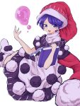  1girl absurdres blob blue_eyes blue_hair blush_stickers book capelet commentary_request doremy_sweet dream_soul hat highres holding holding_book looking_at_viewer mugi_(mugimugi_9kv) nightcap pom_pom_(clothes) red_headwear smile solo tail tapir_tail touhou white_background 