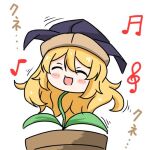  1girl :d beamed_eighth_notes beamed_sixteenth_notes blonde_hair blush_stickers closed_eyes happy hat long_hair matara_okina matara_okina_(okinagusa) motion_lines musical_note open_mouth plant potted_plant simple_background smile solo tasuku_(tusktouhou4) touhou treble_clef white_background 