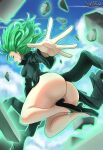  1girl absurdres ass aura black_dress black_footwear blue_sky blurry blurry_background breasts cloud curly_hair dress flipped_hair floating floating_hair floating_rock foreshortening green_eyes green_hair hammerofsolace high_heels highres legs long_sleeves looking_at_viewer medium_hair one-punch_man open_hand outstretched_arm parted_lips profile psychic pumps sideways_glance sky small_breasts solo tatsumaki telekinesis thighs 