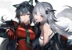  2girls animal_ears arknights bare_shoulders black_hair black_jacket black_nails breasts brown_eyes cigarette gloves green_necktie grey_eyes grey_hair hair_ornament hairclip highres hiyaori_(hiyahiyaval) jacket lappland_(arknights) long_hair looking_at_viewer multiple_girls necktie official_alternate_costume open_mouth red_gloves red_shirt scar scar_across_eye shirt simple_background strapless suspenders tail texas_(arknights) texas_(willpower)_(arknights) tube_top upper_body white_background white_tube_top wolf_ears wolf_girl wolf_tail 