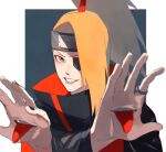  1boy akatsuki_uniform black_nails blonde_hair blue_eyes border chromatic_aberration deidara_(naruto) extra_mouth eyepatch grin hand_mouth iwagakure_symbol jewelry looking_at_viewer male_focus mirin_(coene65) naruto_(series) ponytail ring smile tongue tongue_out upper_body white_border 