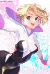  1girl :d blonde_hair blue_eyes bodysuit breasts covered_navel gwen_stacy hong_(white_spider) looking_at_viewer marvel medium_breasts outstretched_arms patreon_username short_hair smile solo spider-gwen spider-man:_across_the_spider-verse spider-man:_into_the_spider-verse spider-man_(series) teeth upper_teeth_only 