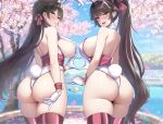  2girls :d animal_ears ass atago_(azur_lane) azur_lane bangs bare_shoulders black_hair blush bow breasts brown_eyes cherry_blossoms detached_collar fake_animal_ears falling_petals fang hair_bow hair_flaps hair_ribbon heart heart_hands lake large_breasts leotard long_hair looking_at_viewer looking_back manjuu_(azur_lane) mole mole_under_eye multiple_girls petals playboy_bunny ponytail rabbit_ears rabbit_tail ribbon skin_fang smile studiopokotan swept_bangs tail takao_(azur_lane) thighhighs thighs very_long_hair wrist_cuffs 