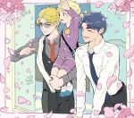  2022 3boys aged_down arm_up artist_name bag black_pants black_vest blonde_hair blue_hair blue_necktie blush braid carrying closed_eyes closed_mouth dio_brando english_commentary family father_and_son flower giorno_giovanna green_eyes grey_pants implied_yaoi jojo_no_kimyou_na_bouken jonathan_joestar male_child morino_peko multiple_boys necktie open_mouth pants petals pink_flower scarf shirt shoes short_hair shorts smile spring_(season) sunglasses vento_aureo vest white_shirt 