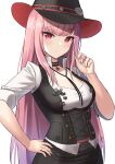  1girl black_choker black_headwear black_shorts bodice choker collared_shirt cowboy_western cross-laced_clothes hand_in_own_hair hand_on_own_hip hat_ornament highres hololive hololive_english long_hair mori_calliope official_alternate_costume pink_eyes pink_hair popped_collar shirt shorts skull_choker skull_hat_ornament skull_ornament solo star_(symbol) vakuuberi virtual_youtuber white_shirt 