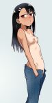  1girl asymmetrical_bangs black_hair blue_pants blush breasts brown_eyes cowboy_shot dark-skinned_female dark_skin denim earclip hair_ornament hairclip hands_in_pockets highres ijiranaide_nagatoro-san jeans long_hair looking_to_the_side nagatoro_hayase navel nipples o3o one-piece_tan pants small_breasts solo szmitten tan tanlines topless unzipped white_background 