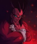  1boy biceps black_hair blue_eyes body_fur ch_nadhir closed_mouth crossed_arms dragon_ball dragon_ball_gt gloves highres long_hair looking_at_viewer male_focus monkey_boy muscular muscular_male pectorals red_fur saiyan solo spiked_hair super_saiyan super_saiyan_4 vegeta 