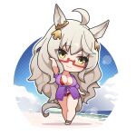  1girl ahoge animal_ears beach bikini biwa_hayahide_(umamusume) blue_sky breasts chibi closed_mouth cloud cloudy_sky commentary day ear_ornament full_body glasses grey_hair hand_up highres horizon horse_ears horse_girl horse_tail jewelry large_breasts light_smile long_hair looking_to_the_side necklace ocean open_clothes outdoors red-framed_eyewear red_bikini round_image sandals semi-rimless_eyewear short_sleeves sky solo standing swimsuit tail thighs umamusume very_long_hair warashi water yellow_eyes 