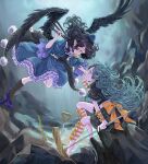  2girls absurdres barefoot bird_wings black_hair blue_dress blue_eyes blue_hair cave dress eye_contact feathered_wings floating_hair full_body geta hat highres himemushi_momoyo holding holding_hands holding_pickaxe holding_tripod iizunamaru_megumu long_hair looking_at_another midair multiple_girls petticoat pickaxe planted planted_shovel profile red_eyes shooya800 shovel tengu-geta tokin_hat touhou very_long_hair wings 