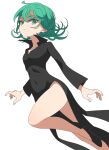  1girl black_dress black_footwear breasts closed_mouth covered_navel curly_hair dress eyelashes flat_chest green_eyes green_hair hair_between_eyes high_heels highres looking_at_viewer one-punch_man short_hair simple_background solo start_furuike tatsumaki thighs 