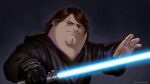  1boy anakin_skywalker anakin_skywalker_(cosplay) black_robe blue_eyes brown_hair cleft_chin closed_mouth cosplay double_chin energy_sword family_guy fat fat_man gloves highres holding_lightsaber kowai_(iamkowai) lightsaber looking_at_viewer male_focus peter_griffin robe scar scar_across_eye short_hair single_glove solo star_wars sword weapon 