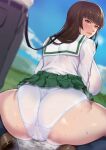 1girl alternate_costume ass black_socks blouse blunt_bangs blurry blurry_foreground brown_eyes brown_footwear brown_hair cameltoe clothes_lift commentary crotch_seam depth_of_field frown girls_und_panzer glaring green_skirt highres kneehighs lace-trimmed_panties lace_trim leash loafers long_hair long_sleeves looking_at_another looking_back mature_female miga_(migao) miniskirt nishizumi_shiho ooarai_school_uniform panties pleated_skirt sailor_collar school_uniform serafuku shirt shoes skirt skirt_lift slave socks squatting straight_hair sweat underwear wet wet_clothes wet_panties white_panties white_sailor_collar white_shirt 