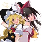  2girls :d arm_behind_head ascot bare_shoulders black_hair black_headwear black_vest blonde_hair blush bow braid breasts buttons commentary_request detached_sleeves frilled_bow frills hair_bow hair_tubes hakurei_reimu hat hat_bow highres ichimura_kanata kirisame_marisa large_breasts long_hair looking_at_viewer multiple_girls one_eye_closed open_mouth puffy_short_sleeves puffy_sleeves red_bow red_eyes red_shirt shirt short_sleeves single_braid sleeveless sleeveless_shirt small_breasts smile star_(symbol) touhou upper_body vest white_shirt witch_hat yellow_ascot yellow_eyes 