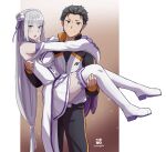  1boy 1girl black_hair blunt_bangs boots braid brown_eyes carrying crown_braid emilia_(re:zero) flower gabuillust grey_hair hair_flower hair_ornament hairclip highres long_hair looking_at_viewer natsuki_subaru princess_carry purple_eyes re:zero_kara_hajimeru_isekai_seikatsu short_hair sidelocks smile thigh_boots track_suit 