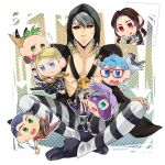  6+boys black_hair black_sclera blonde_hair blue_eyes blue_hair chibi colored_sclera domino_mask falling formaggio ghiaccio green_eyes green_hair grey_hair hat_bobbles highres illuso jewelry jojo_no_kimyou_na_bouken magatama magatama_necklace male_focus mask melone mikan03260 multiple_boys multiple_tails necklace pants pesci prosciutto red_eyes risotto_nero striped striped_pants tail vento_aureo 