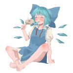 1girl =_= ahoge arm_support bare_legs barefoot blue_bow blue_dress blue_hair blush bow cirno closed_eyes dress fanning_face fanning_self flat_chest food_in_mouth full_body furrowed_brow hand_fan hot ice ice_wings knee_blush knees_apart_feet_together mouth_hold popsicle_in_mouth short_hair simple_background sitting solo sparkle71059204 sweat toes touhou undone_neck_ribbon white_background wings 