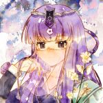  1girl asymmetrical_sleeves breasts closed_mouth expressionless flower grey_eyes hair_ornament hand_in_own_hair long_hair mo_shang_jiushi_ban paint_splatter painting_(medium) purple_hair qinshi_mingyue shao_siming_(qinshi_mingyue) single_hair_ring small_breasts solo traditional_media upper_body veil watercolor_(medium) white_flower 