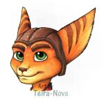  2023 anthro artist_name clothing eyebrows fur green_eyes headgear headshot_portrait headwear lombax looking_at_viewer male mammal portrait ratchet ratchet_and_clank solo sony_corporation sony_interactive_entertainment stripes teira-nova traditional_media_(artwork) yellow_body yellow_fur 