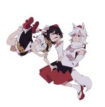  2girls absurdres anger_vein animal_ears black_hair black_skirt cheek_pull detached_sleeves floating fox_ears fox_tail hand_on_another&#039;s_cheek hand_on_another&#039;s_face highres inubashiri_momiji long_sleeves multiple_girls pen_in_pocket pom_pom_(clothes) red_eyes red_footwear red_headwear shameimaru_aya shirt short_hair short_sleeves skirt socks tail tengu touhou white_background white_hair white_shirt white_socks 