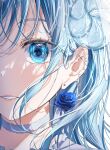  1girl absurdres blue_eyes blue_flower blue_hair blue_rose close-up commentary_request ear_piercing earrings flower highres jewelry long_hair looking_at_viewer mahiru_yura original parted_lips piercing rose smile solo 