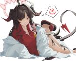 1girl absurdres black_hair blue_archive coat demon_tail halo highres kasumi_(blue_archive) lying on_side red_halo red_shirt shirt slippers solo tail white_coat yellow_eyes yn_6262 