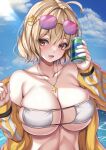  1girl :d absurdres ahoge anis_(nikke) anis_(sparkling_summer)_(nikke) bare_shoulders bikini blonde_hair blue_sky breasts can cleavage cloud collarbone day eyepatch_bikini eyewear_on_head goddess_of_victory:_nikke hair_ornament highres holding holding_can jacket large_breasts navel off_shoulder official_alternate_costume open_mouth outdoors parapetto short_hair skindentation sky smile solo sunglasses swimsuit upper_body white_bikini yellow_eyes yellow_jacket 