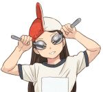  1girl brown_hair commentary_request covering_own_eyes hat holding holding_spork long_hair nagatsuki_misoka original shirt smile solo spork t-shirt 