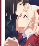  2girls belt black_hair blonde_hair blue_belt breasts closed_eyes embarrassed green_belt inoue_takina kiss kissing_forehead looking_at_another lycoris_recoil lycoris_uniform medium_breasts multiple_girls nishikigi_chisato red_eyes to_ro_maru yuri yuro 