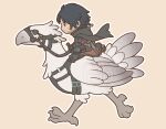  1boy 1girl ambrosia_(ff16) artist_name black_cape black_hair cape chibi chocobo clive_rosfield facial_hair final_fantasy final_fantasy_xvi full_body grey_feathers holding holding_reins lanaluuart medium_hair messy_hair profile reins riding riding_animal riding_bird saddle scar scar_on_cheek scar_on_face stubble 