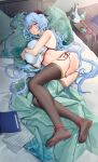 1girl absurdres ass au11 bare_legs bare_shoulders barefoot bed_sheet bell black_thighhighs blanket blue_hair blush breasts feet full_body ganyu_(genshin_impact) genshin_impact highres large_breasts legs long_hair looking_at_viewer lying on_bed on_side panties parted_lips pillow side-tie_panties sleeping solo thighhighs underwear underwear_only 
