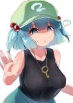  1girl ? absurdres black_tank_top blue_hair breasts commentary_request flat_cap green_headwear hair_bobbles hair_ornament hat highres kawashiro_nitori key large_breasts looking_at_viewer qralto simple_background solo spoken_question_mark tank_top touhou two_side_up upper_body white_background 