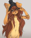  absurd_res anthro apogee_(tinygaypirate) arm_tattoo arm_tuft asymmetrical_ears beanie beanie_only breasts bridge_piercing brown_body brown_eyes brown_fur brown_hair button_ears canid canine canis cheek_piercing clothing collarbone convenient_censorship countershade_torso countershading domestic_dog ear_piercing ear_ring elbow_tuft eyebrow_through_hair eyebrows eyelashes eyelashes_through_hair facial_piercing facial_tattoo female floppy_ears freckles_on_ears freckles_on_face fur furgonomic_headwear grey_background grin hair hair_covering_breasts half-length_portrait hat headgear headwear hi_res hip_tattoo holding_clothing holding_headgear holding_headwear holding_object inner_ear_fluff long_hair looking_at_viewer mammal mostly_nude mottled mottled_nose navel neck_tattoo nose_piercing piercing portrait ring_piercing simple_background small_breasts smile solo spitz tan_body tan_countershading tan_inner_ear tan_inner_ear_fluff tattoo tinygaypirate translucent translucent_hair tuft waist_tattoo 