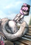  absurd_res anthro black_hair breasts felid female genitals hair hi_res mammal nipples pantherine pink_hair pussy rear_view shirsha smile snow_leopard solo 