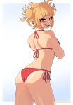  1girl absurdres ass back bikini blonde_hair blunt_bangs boku_no_hero_academia breasts cowboy_shot dashi ear_piercing from_behind hair_bun highres looking_at_viewer looking_back messy_hair open_mouth piercing red_bikini side-tie_bikini_bottom sidelocks smile solo standing swimsuit toga_himiko yellow_eyes 