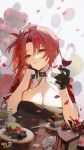  1girl absurdres alcohol arm_support balloon benghuai_xueyuan birthday_cake black_gloves breasts cake cake_slice closed_mouth cup food fork gloves hand_on_own_cheek hand_on_own_face happy_birthday highres holding holding_cup honkai_(series) jacket large_breasts looking_at_viewer mole mole_on_breast murata_himeko murata_himeko_(battle_storm) oreo petals plate red_hair red_jacket short_sleeves smile solo table third-party_source wine yellow_eyes 