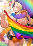  1boy absurdres armband back bara blonde_hair blue_eyes confetti day ero_condo flag fur_trim highres holding holding_flag kienbiu lgbt_pride male_focus male_underwear muscular muscular_male one_eye_closed orange_male_underwear pride_month rainbow rainbow_flag rainbow_gradient sharp_teeth short_hair smile solo suplex_(ero_condo) teeth thick_thighs thighs twitter_username underwear 