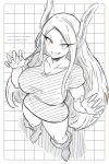  1girl animal_ears boku_no_hero_academia boots breasts claw_pose collarbone fanbox_username from_above full_body grid_background guchapin hands_up highres large_breasts leggings long_eyelashes long_hair looking_at_viewer mirko monochrome parted_bangs patreon_username rabbit_ears rabbit_girl shirt sketch smile solo very_long_hair white_hair 