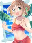  +_+ 1girl :d bare_arms bare_shoulders bikini blonde_hair brown_hair collarbone colored_inner_hair commentary fang flat_chest green_eyes hair_intakes highres looking_at_viewer multicolored_hair navel oka_asahi okome0620 onii-chan_wa_oshimai! open_mouth red_bikini short_hair smile solo stomach swimsuit two-tone_hair two_side_up upper_body 