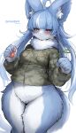  1girl absurdres animal_ear_fluff animal_ears animal_nose blue_fur blue_hair body_fur breasts camouflage camouflage_jacket camouflage_shirt character_name closed_mouth furry furry_female green_jacket green_shirt heterochromia highres jacket japan_air_self-defense_force_omaezaki_sub-base long_hair looking_at_viewer medium_breasts multicolored_hair omaneko red_eyes shirt simple_background snout solo standing suurin_(ksyaro) tail thick_thighs thighs two-tone_fur two-tone_hair white_background white_hair yellow_eyes 