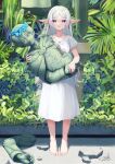  absurdres barefoot dress elf enferverge flower flower_wreath frieren full_body green_eyes hair_flower hair_ornament highres holding_hands open_mouth plant pointy_ears sousou_no_frieren standing statue sundress white_hair 