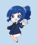  1girl :d aikatsu! aikatsu!_(series) black_footwear black_necktie blue_background blue_eyes blue_hair blue_jacket blue_skirt blush chibi collared_shirt commentary full_body highres jacket kiriya_aoi looking_at_viewer necktie notice_lines nozo_(hitomiz) pencil_skirt pointing shirt shoes side_ponytail simple_background skirt sleeves_past_wrists smile solo swept_bangs symbol-only_commentary teeth upper_teeth_only white_shirt 