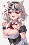  1girl :3 absurdres animal_ears black_hair blush breasts cat_ears cleavage grey_hair highres hololive large_breasts looking_at_viewer maid maid_headdress medium_hair multicolored_hair open_mouth red_eyes red_nails reityana sakamata_chloe short_sleeves smile solo virtual_youtuber 