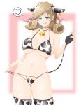  1girl :q animal_costume animal_ears animal_print bare_shoulders bell bikini bikini_bottom_pull bikini_pull black_choker blonde_hair blush breasts cameltoe choker cleavage clothes_pull collarbone come_hither cow_costume cow_ears cow_girl cow_horns cow_print cow_print_bikini cow_print_thighhighs cow_tail cowbell curly_hair ear_tag green_eyes half-closed_eyes haruka_(senran_kagura) heart horns kinako_(mzknk0) large_breasts looking_at_viewer navel neck_bell pink_background print_bikini print_thighhighs senran_kagura senran_kagura_shoujo-tachi_no_shin&#039;ei shiny_skin short_hair skindentation smile solo speech_bubble spoken_heart standing swimsuit tail tail_grab thighhighs tongue tongue_out two-tone_background underboob white_background 