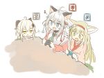  3girls ahoge arknights blonde_hair blue_eyes blush commentary_request controller fang game_controller green_eyes grey_hair hair_between_eyes hairband highres holding japanese_clothes kimono kotatsu long_hair long_sleeves mint_(arknights) mint_(tsukiyoi)_(arknights) moon_sugar multiple_girls open_mouth pink_kimono playing_games red_hairband scene_(arknights) scene_(betsushi)_(arknights) shirt sidelocks simple_background sketch suzuran_(arknights) suzuran_(yukibare)_(arknights) table v-shaped_eyebrows very_long_hair white_background white_kimono white_shirt yellow_eyes 