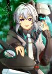  1boy ahoge akane_kazami dated double-parted_bangs eiyuu_densetsu hair_between_eyes highres kuro_no_kiseki necktie non-humanoid_robot open_mouth outdoors purple_eyes quatre_salision robot robot_animal robot_dog sidelocks signature smile tree xeros_(eiyuu_densetsu) 