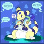  1:1 age_regression ambiguous_gender ampharos anthro blue_border blush border controller cuddlehooves diaper english_text fan_character game_controller generation_2_pokemon headphones hi_res nintendo pokemon pokemon_(species) regression sitting solo speech_bubble spread_legs spreading streamer text transformation 