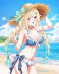  1girl absurdres aizawa_ema bare_shoulders beach bikini black_choker blonde_hair blue_bikini blue_eyes blue_ribbon blue_sky blush braid breasts choker cleavage cloud collarbone fingernails frilled_bikini frills fuusuke_(fusuke208) gradient_hair hair_flaps hat highres large_breasts long_hair looking_at_viewer low_twin_braids low_twintails midriff multicolored_hair navel o-ring open_mouth outdoors ribbon sand sky smile solo sun_hat swimsuit teeth thighs twin_braids twintails upper_teeth_only virtual_youtuber vspo! 